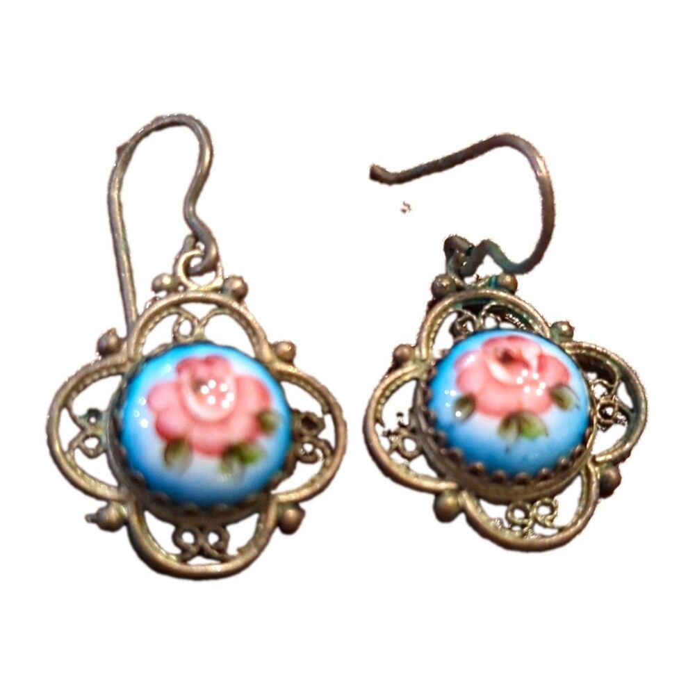 Vintage Enamel Floral Round Dangle Drop Earrings Hook Closure Blue Pink